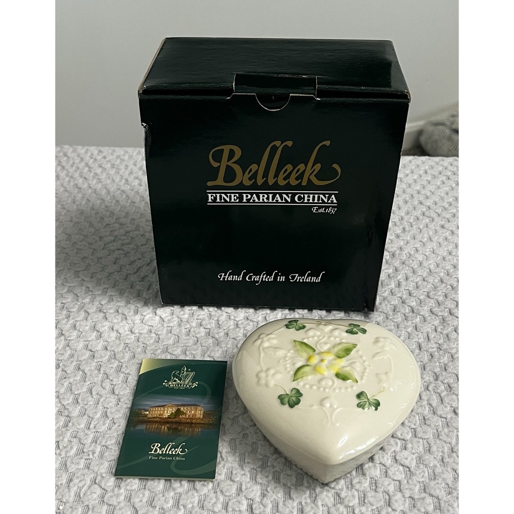 BELLEEK Primrose Heart Shaped Trinket Box Shamrock Yellow Rose Porcelain Jewelry